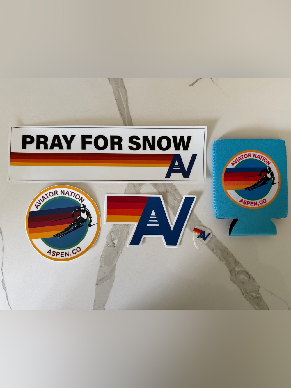 NEW Aviator Nation Aspen Stickers, Drink Koozie, Guitar Pick - Pray for Snow